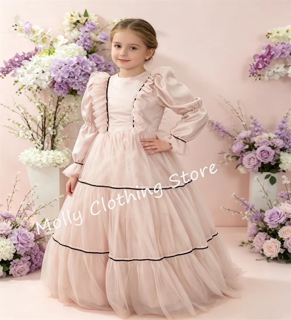 Pink Tulle Ruffles Girl Dresses for Wedding Prom Gown Full Sleeves Pleats Birthday Party Banquet Princess Girl Gowns