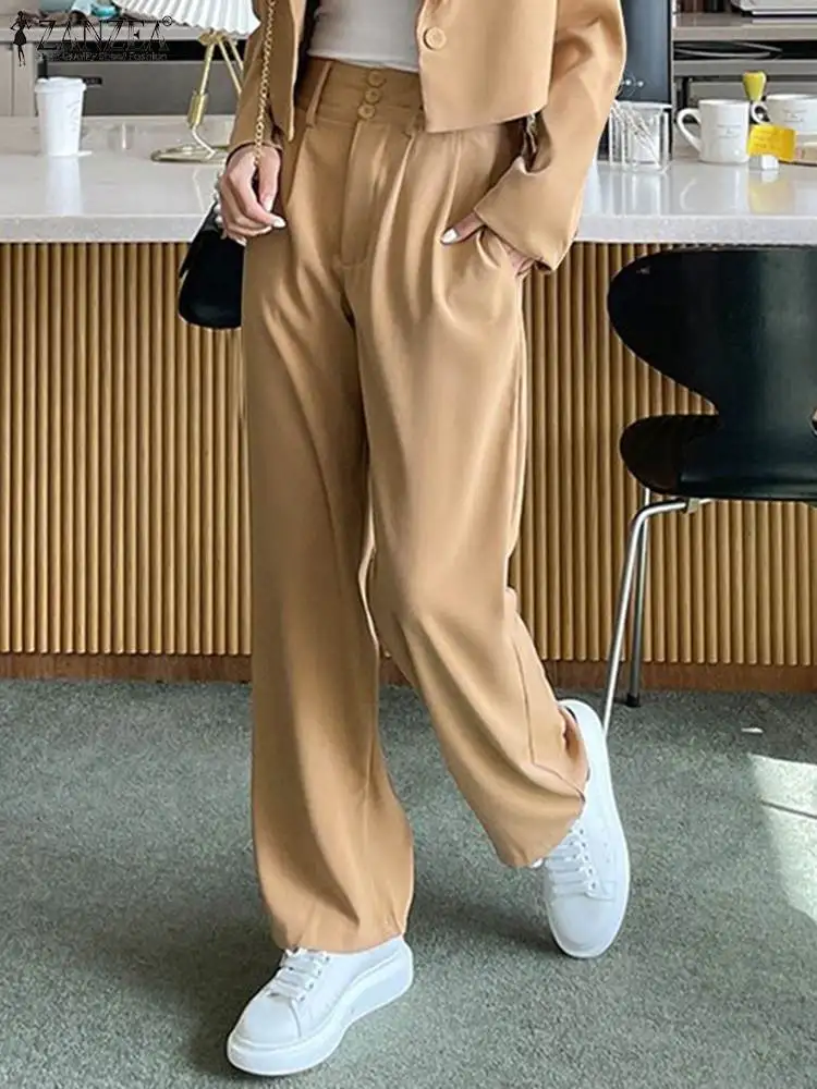 

ZANZEA Casual Straight Side Pocket Bottoms Women High Waist Pants Fashion Solid Color Long Trouser 2023 Autumn Pleats Pantalons