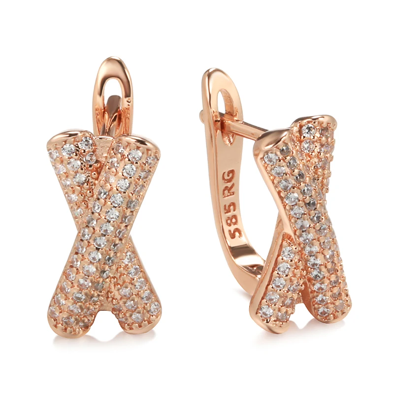 New 585 Rose Gold Wedding Drop Earrings for Women Micro Inlay Natural Zircon Cross Clip Earrings Fashion Party Fine Jewelry