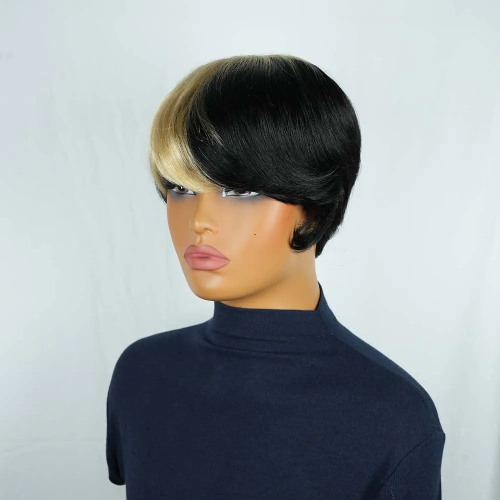 Парики из натуральных волос с стрижкой пикси для женщин Короткий многослойный волнистый парик с стрижкой пикси Реми из человеческих волос Прямой парик машинного производства Черный с блондинкой