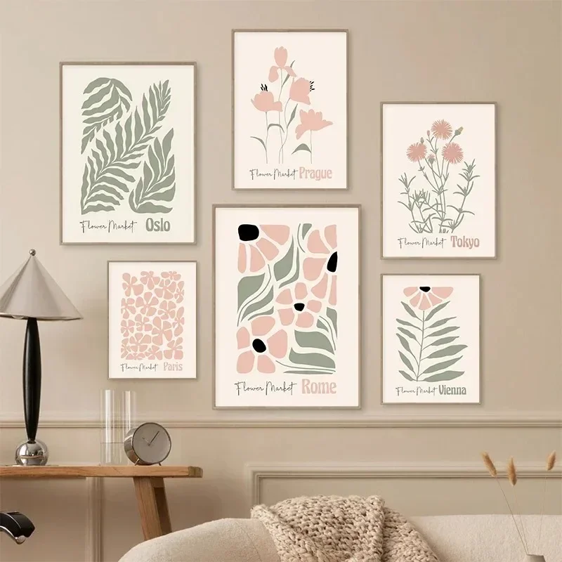Boho Helle Farben Pastellgrünes Kunstposter Blätter Blumen Wandkunst Minimalistischer Druck Leinwandgemälde für Moderne Poster Wohnungsdekoration