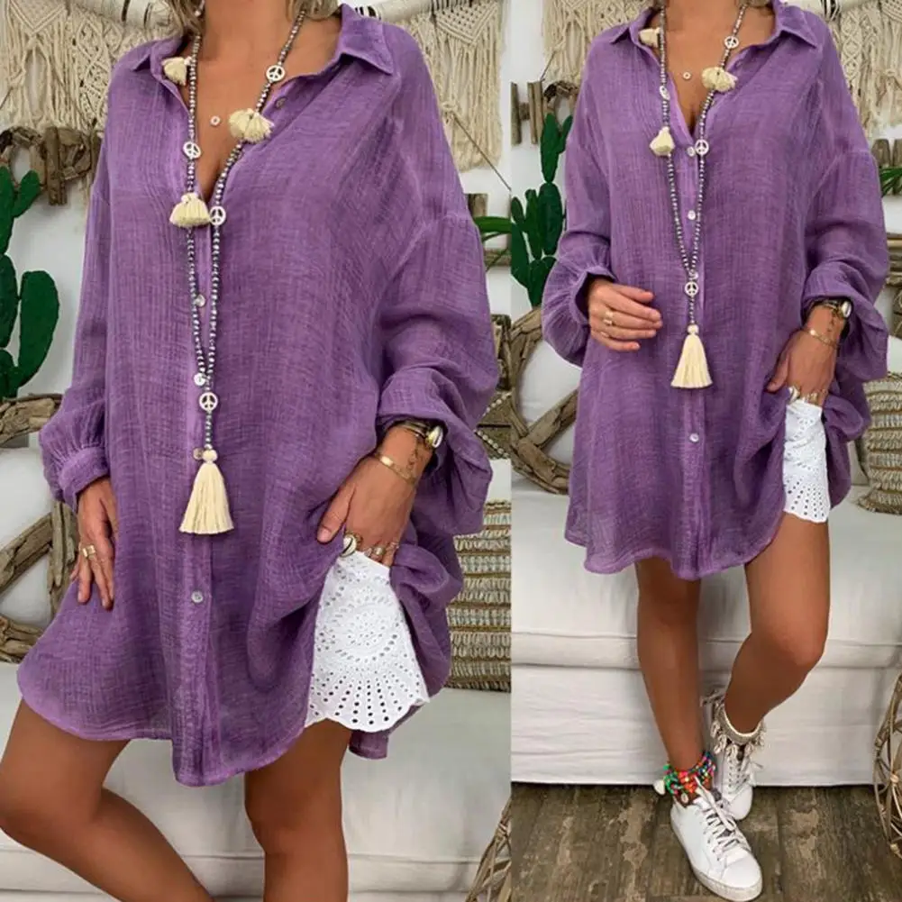 بلوزة نسائية قابلة للتنفس، قميص نسائي كاجوال بأكمام طويلة وطية صدر السترة بلون سادة، فضفاض مناسب متوسط الطول للارتداء اليومي فردي