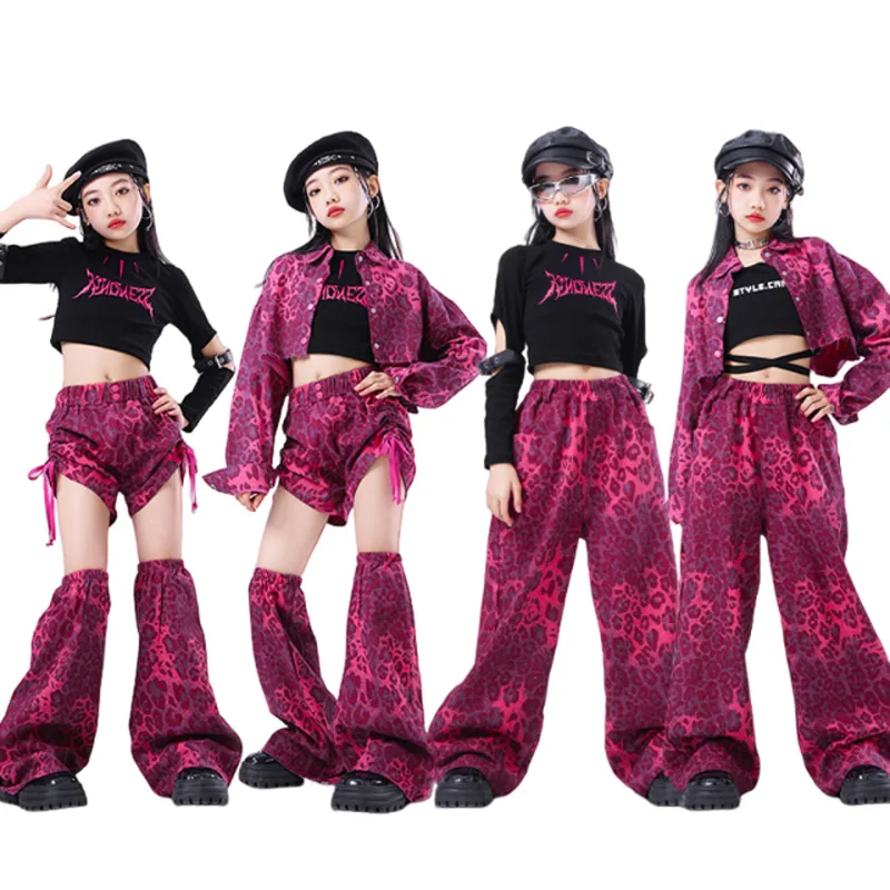Jazz Modern Dance Costume For Girls Rose Red Leopard Print Coat Hiphop Pants Outfits Group Hip Hop Stage Clothes