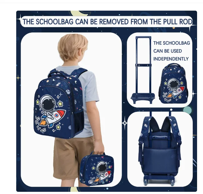 

Двухсекционный рюкзак на колесиках для мальчиков, школьный набор с принтом космонавта, включая сумку для обеда и пенал.