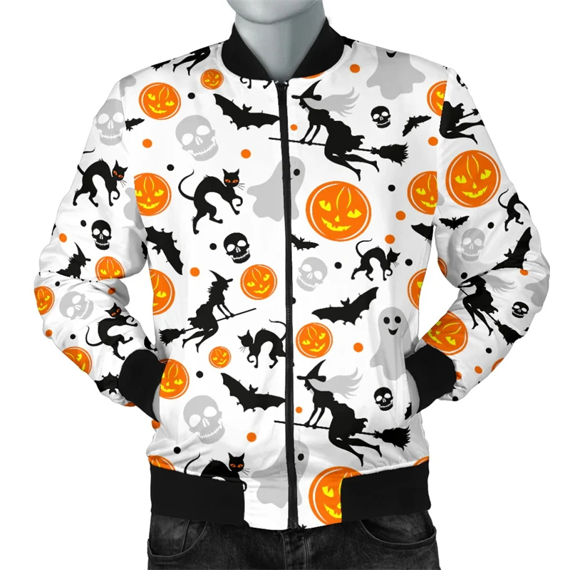 New Halloween Pumpkin Bat Zipper Jacket For Men Women Cosplay Pattern Bomber Long Sleeves Loose Personality Jackets Street Coat