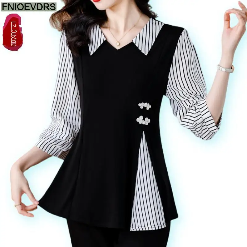 

Retro Vintage Ruffles Peplum Striped Tops New Design Women 2024 Autumn Office Lady Retro Black Tunic Button Shirts Blouses