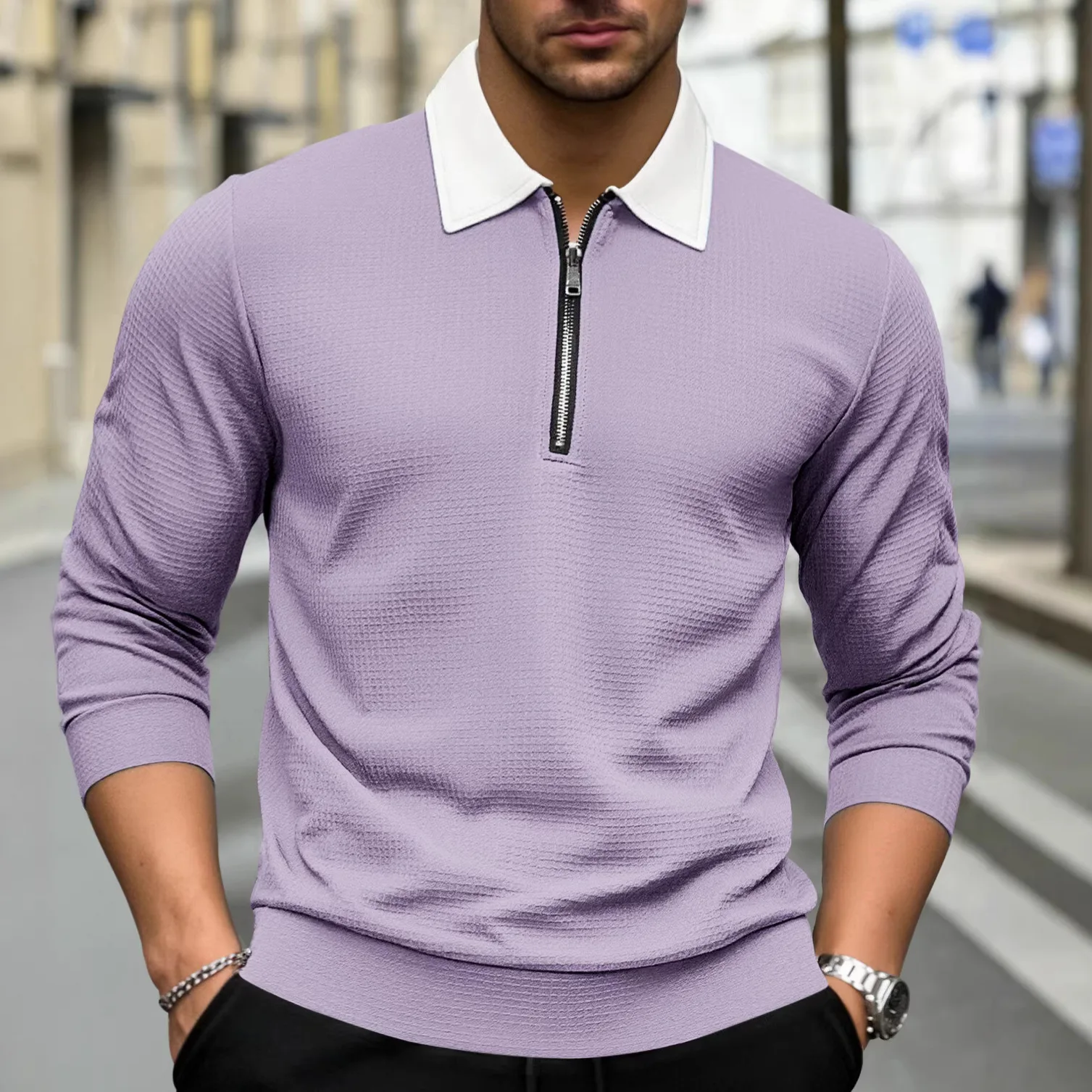 Men Color-coded Half Zipper Turn-down Collar Long Sleeve Casual Outdoor Simple Basic Daily Polo Shirts Male New Fashion Tops