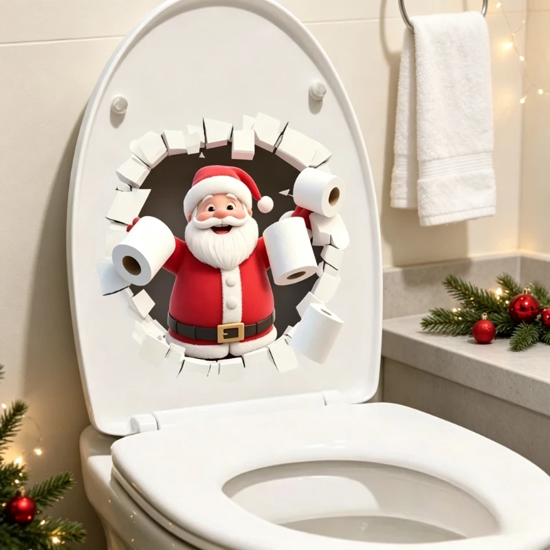 2D Flat Santa Claus Toilet Sticker Christmas Bathroom Decal Self-Adhesive Wall Art Home Xmas Party Decoration Toilet Decoration