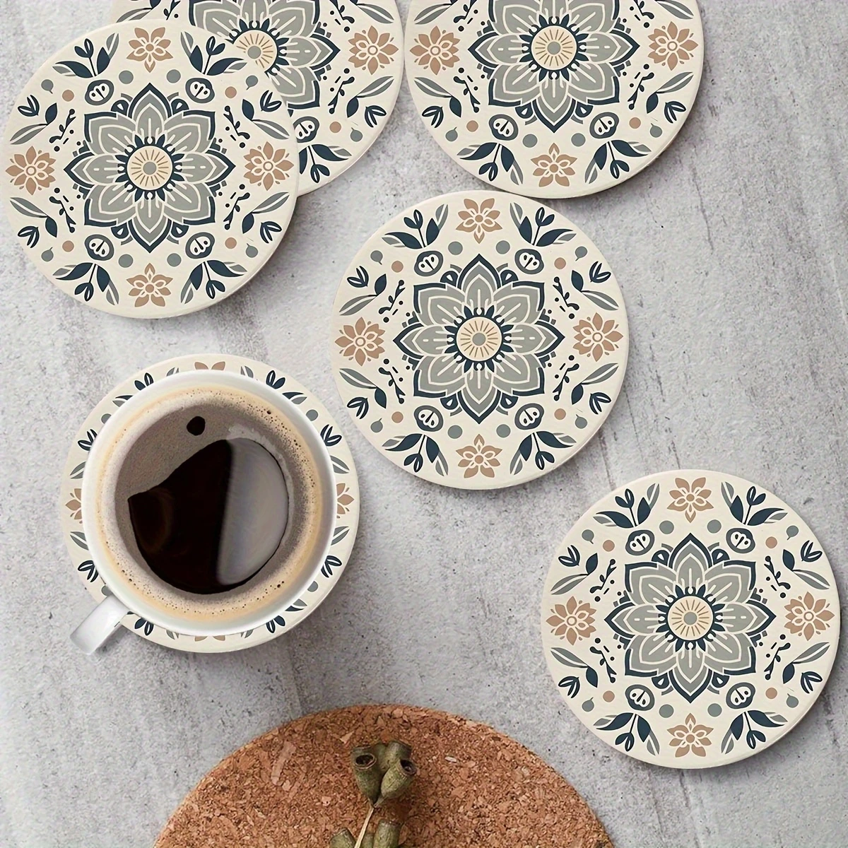 2D Simple Bohemian Style Mandala Flowers Wooden Coasters Cof