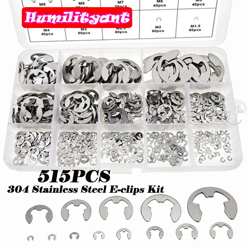 

515PCS Assortment E-clips Kit 304 Stainless 1.5-15mm E-Clip External Retaining Ring Snap Internal Circlip Ring Assortment Kit