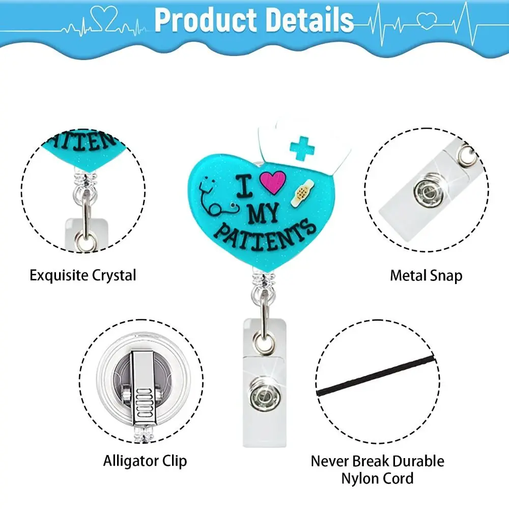 Carretel de crachá retrátil enfermeira brilho, Titular do cartão de nome acrílico gato, Clipes do cartão de identificação, Clipes do cartão de trabalho