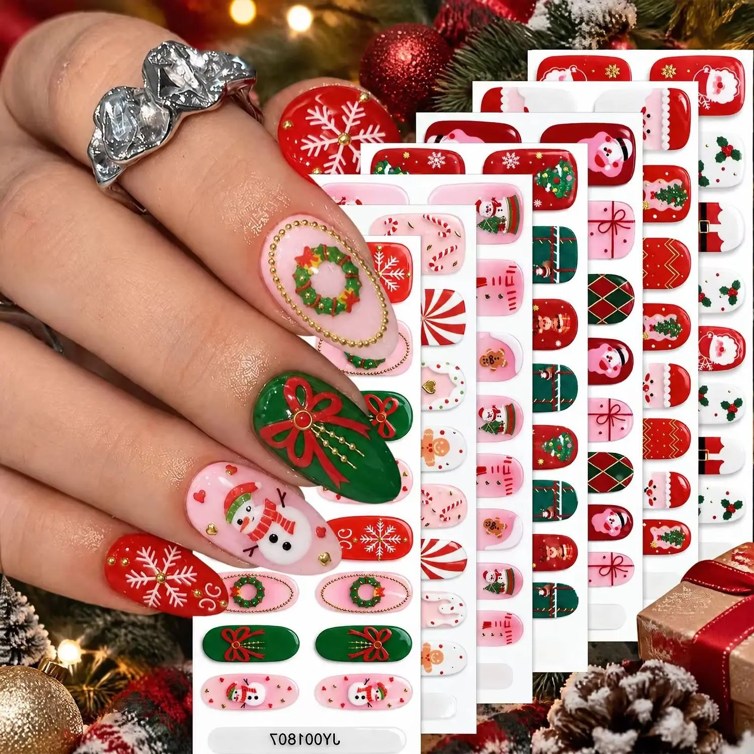 16Tips Christmas Finger Full Wrap Nail Sticker Santa Snowman Snowflake Self-Adhesive Nail Art Decals Winter Holiday Nail Strips