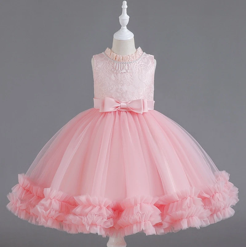 Short Pink Flower Girls' Dresses for Weddings Party Gala Tulle O-Neck Sleeveless with Bow Kid's Birthday Princess Ball Gown 2023