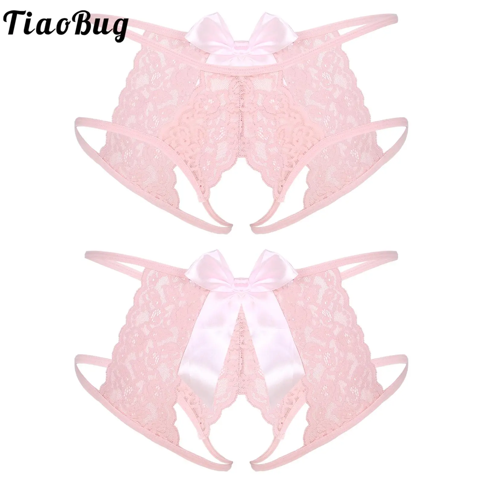 

Tiaobug Mens See-through Lace Crotchless Sissy Briefs G-string with Bowknot Night Underwear Strappy T-back Thongs Honeymoon Gift