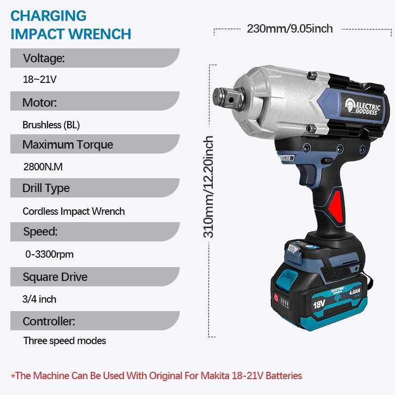 Electric Goddess DBS025 18V Industrial Impact Wrench 3/4in Drive 2800NM High Torque Brushless Motor for DIY Professional Use