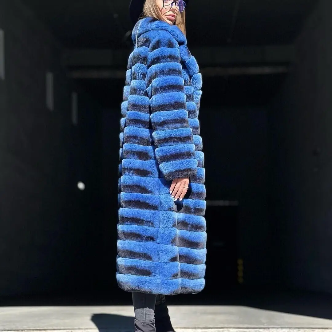 Elegant Women Genuine Rex Rabbit Fur Coat Fashion Blue Lapels Natural Fur Overcoats Winter Real Rex Rabbit Fur Warm Long Jacket