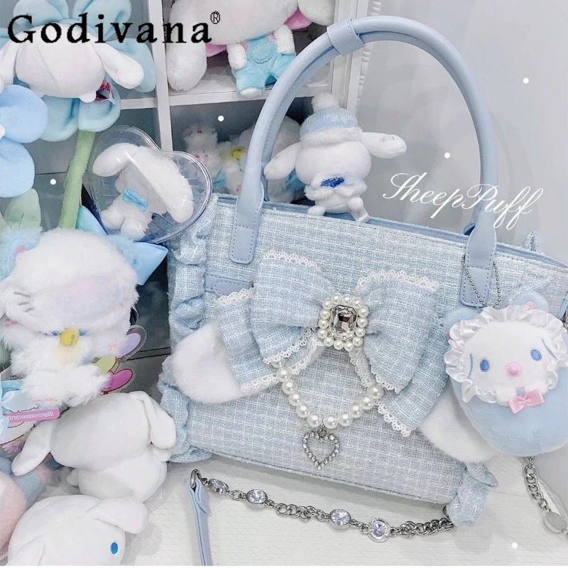 

Mine Mass-Produced Japanese Lolita Princess Handbag Girls Sweet Big Bow Pearl Chain Crossbody Bag Large Capacity Crossbody Bag