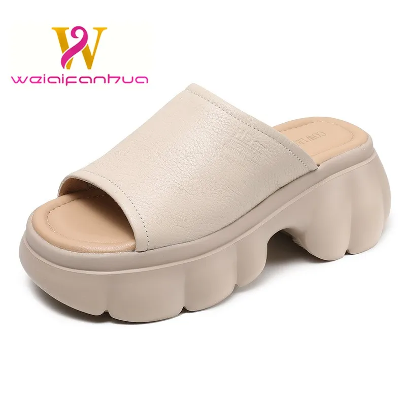 

2024 Summer New Leather Platform Sandals Women's Fashion Flat Slippers Platform Sandals