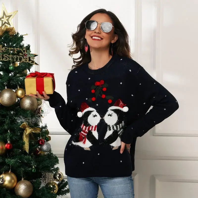 

Loose Long Sve Knitted Sweater Women's Cisas Theme Penguin Embroidery Overhead Cross-Border Sle Casual Faion