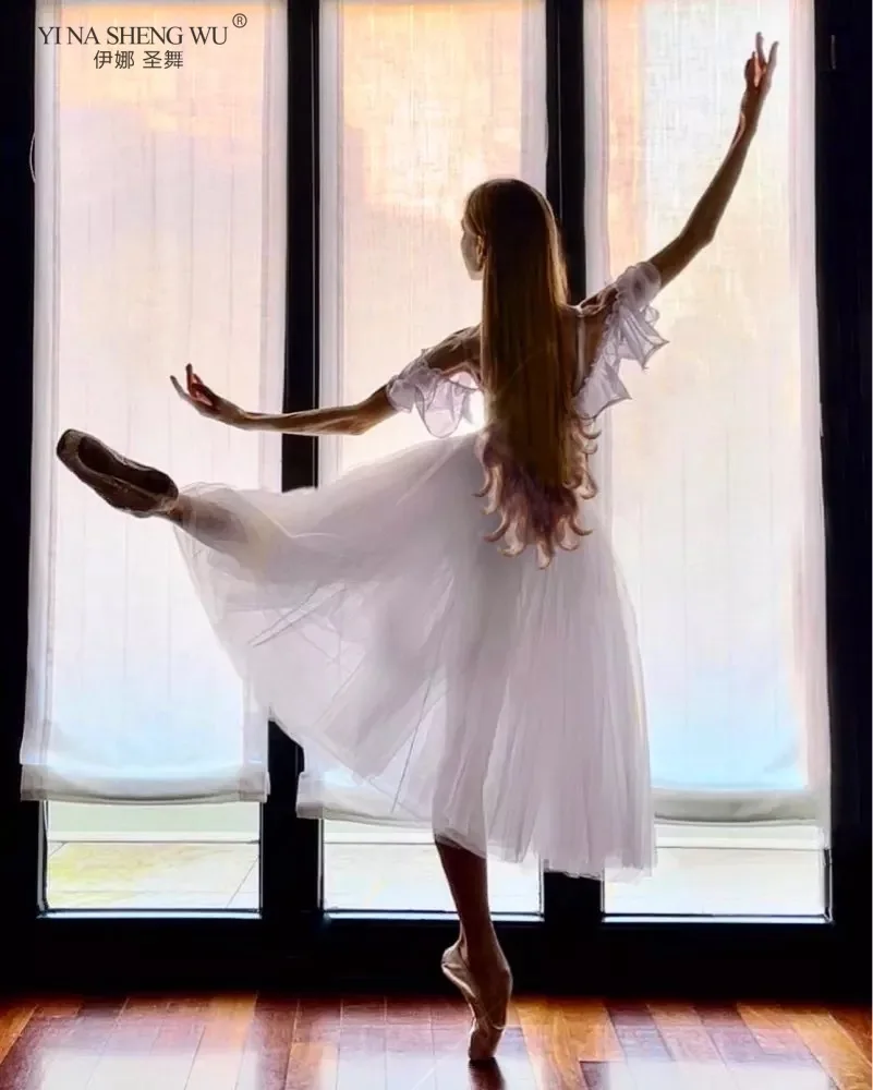 Robe blanche de Ballet fée Giselle pour filles, Version professionnelle de danse flocon de neige avec bouton ouvert, jupe longue en gaze fluide, nouvelle collection
