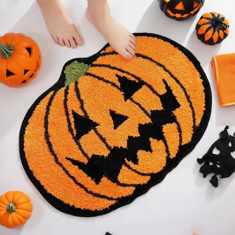 Tapis en peluche citrouille d'halloween, Imitation cachemire, Orange doux, décoration d'automne pour la maison, tapis crâne en toile d'araignée fantôme