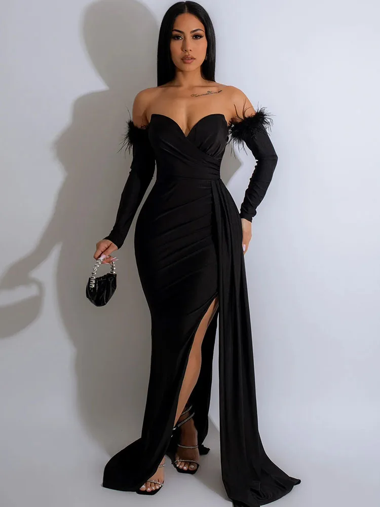 Elegant Mermaid Long Dresses for Women Evening Nightclub Ruched High Split Backless Bodycon Maxi Dress Gown Feather Oversleeve