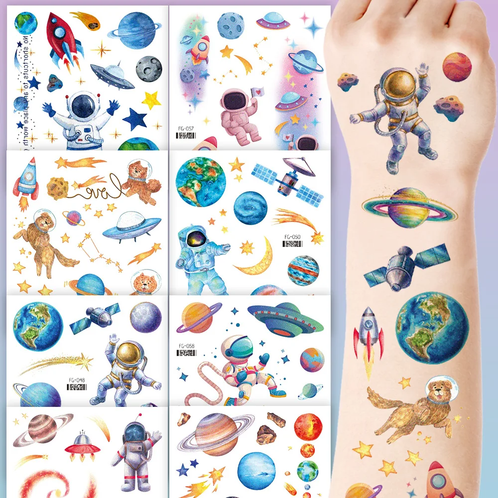 8 Sheets of Glitter Space Astronaut Tattoo Stickers with Rocket, Planet, and Spaceship Designs for Birthday Party Decorations, Gifts, Music Festivals, Nightclub Party Decorations, Lasting for 2-5 Days