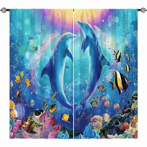 Cute Cartoon Dolphin Curtains Grommet Light Filtering Window Print Pattern Sea Animal Theme Curtain Bedroom Living Room 2 Panels