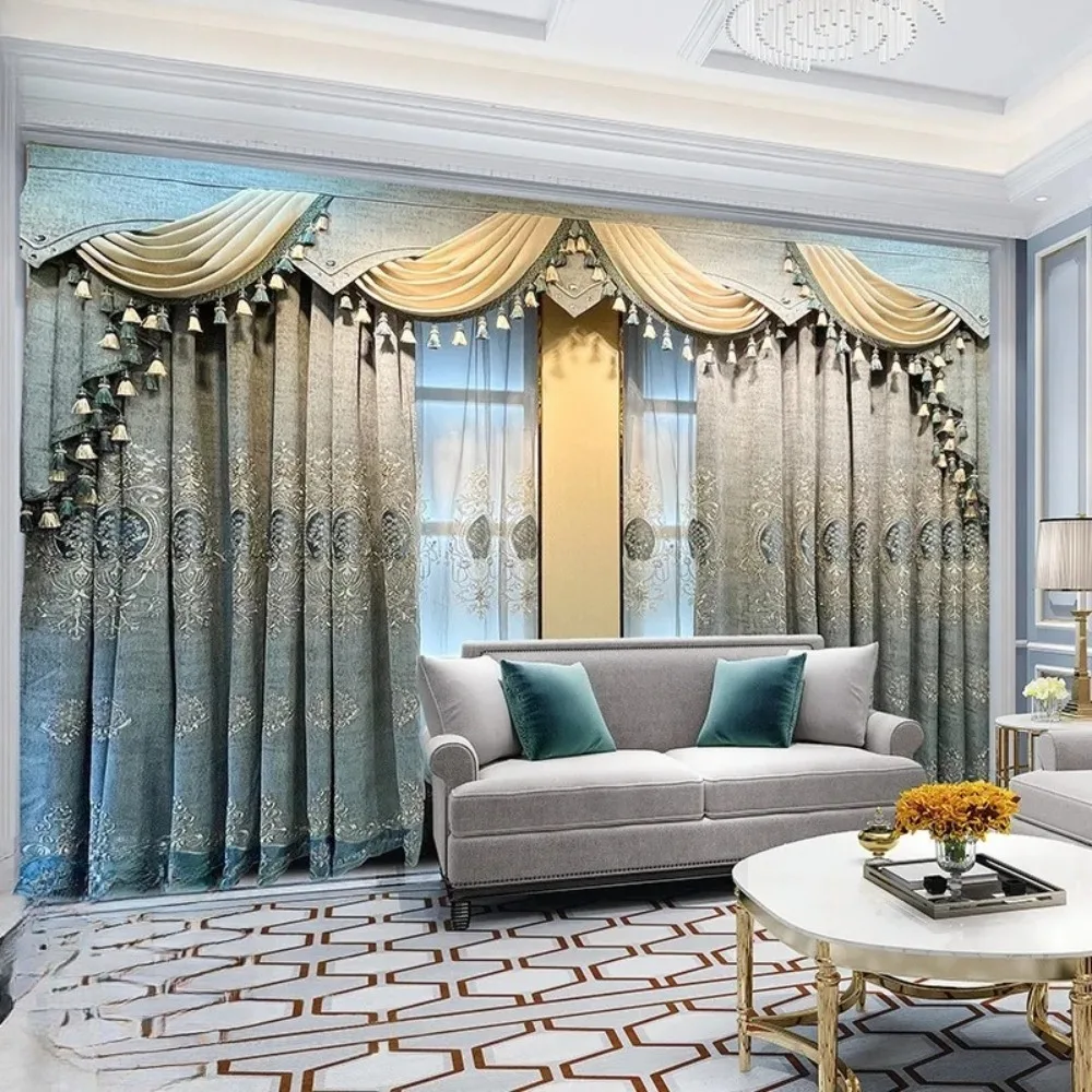 European Blue Gray Chenille Embroidered Luxury  Curtains for Living Room Bedroom Dining Blackout Window Screen Tulle Valance