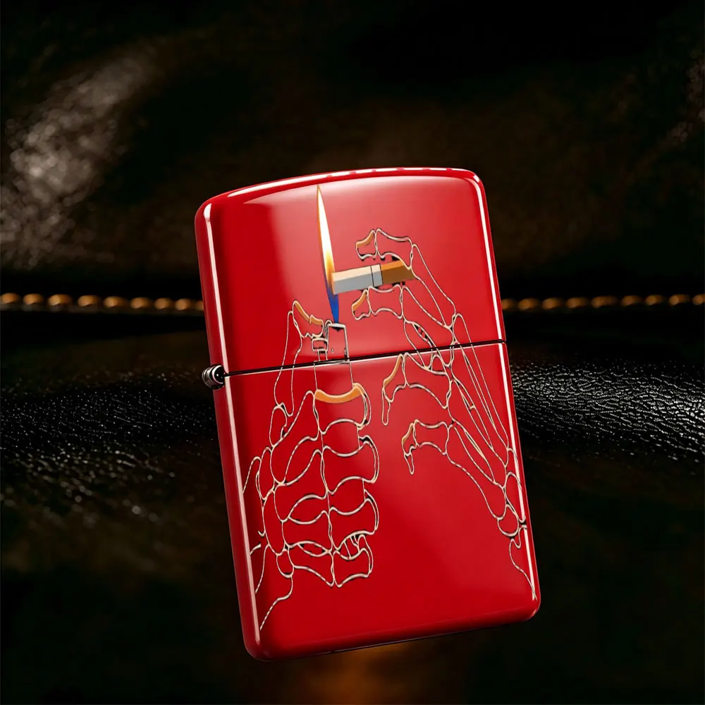 Pocket Lighter, Flip Top Windproof Lighter with Skeleton Hands Holding Lit Candle Design, Metal Case, Adjustable Flame, Portable & Durable, Cool Gothic Style for Daily Use