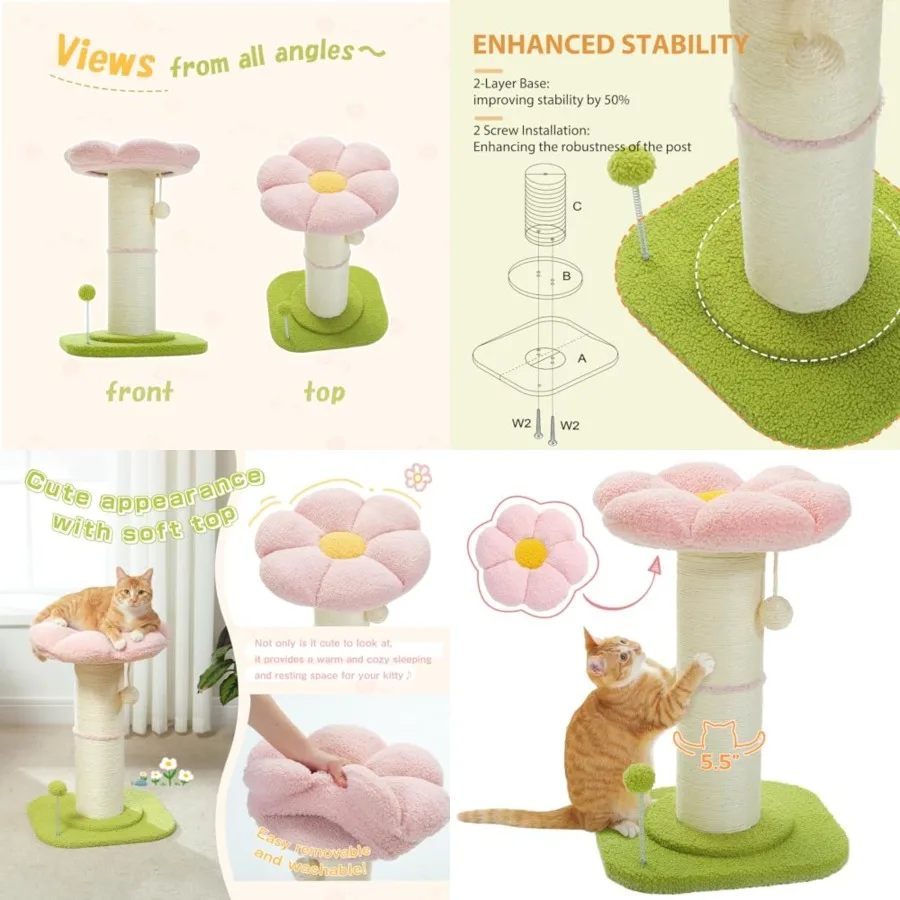 

Flower Cat Scratching Post, Small Cat Tree, Scratcher for Indoor Cats with Super Thick Scratching Post [Dia=5.5''], Removable F