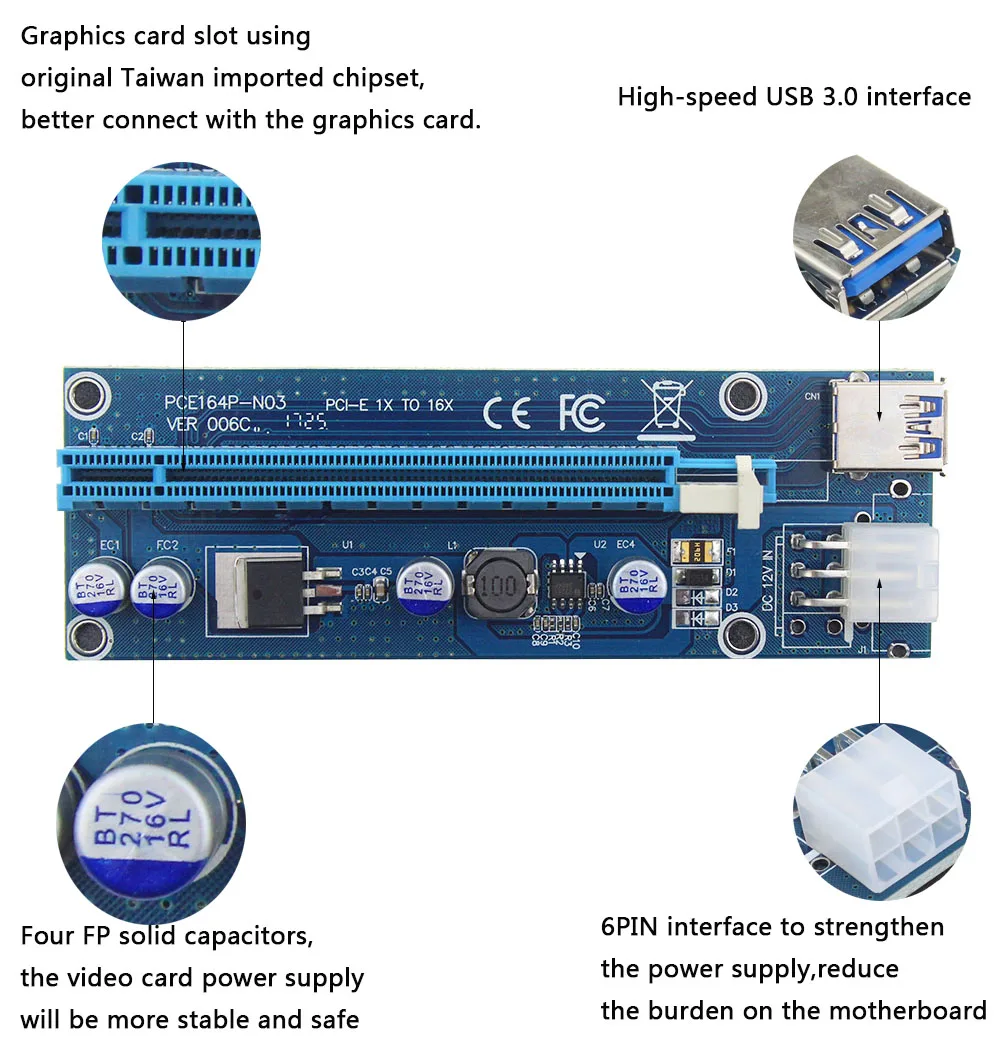 New PCI-E Raiser PCI E Express 1X To 16X Riser Card USB 3.0 PCI-E SATA To 6Pin Power Cable for BTC Bitcoin Mining Antminer Miner