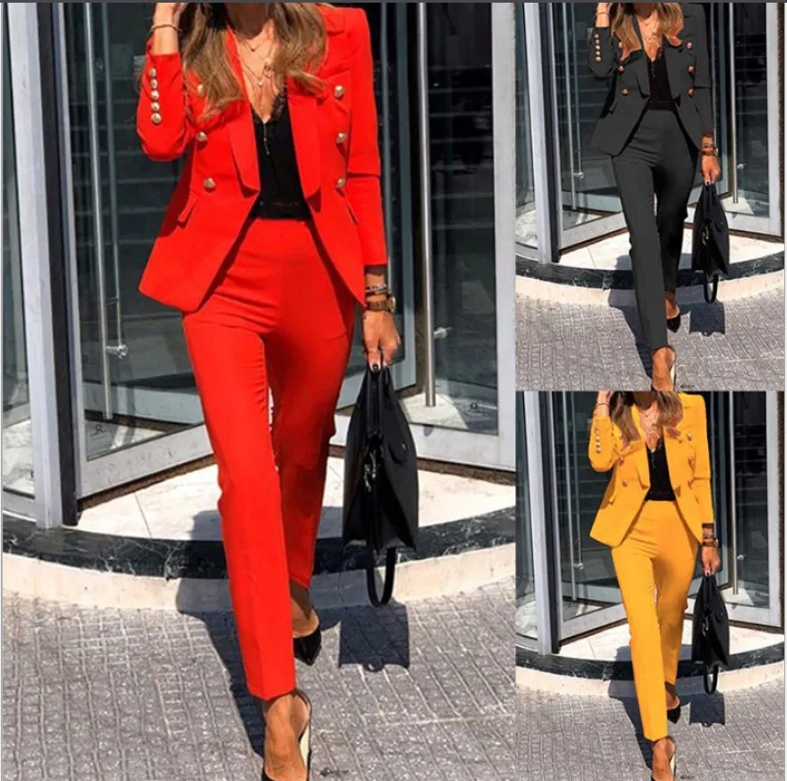 Women Blazer Suits Two 2 Pieces Sale Casual Slim OL Notched Button Blazer Jacket Coats& High Waist Pencil Pant Suits