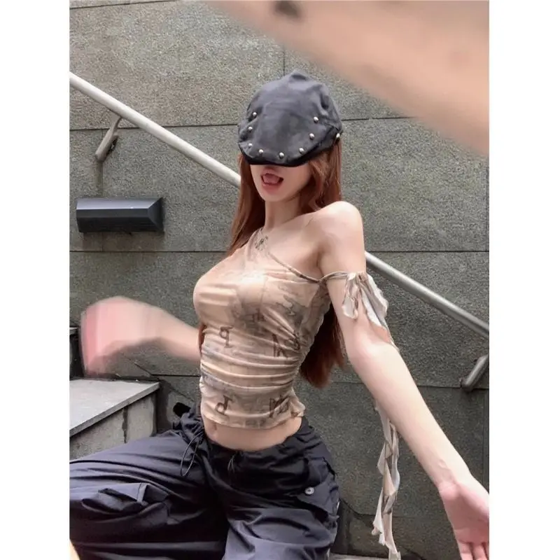 Amerikaanse Sle fiti Print ter Top Dames Zomer Trendy Buik Baring Internet Beroemde Innerlijke Slijtage Katoen A-lijn Smalle Str...