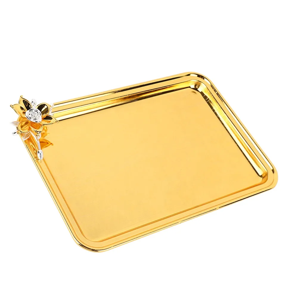 2pcs Serving Trays Rectangular Serving Tray Gold Floral Serving Platter Stainless Steel Food Service Tray Coffee Table
