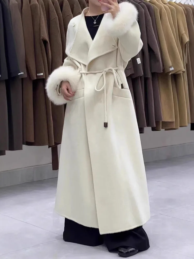 GVUW Lapel Long Woolen Coats For Women Full Sleeve Spliced Faux Fur Lace-up Solid Color Spliced Pockets New 2024 Coat 17G8812