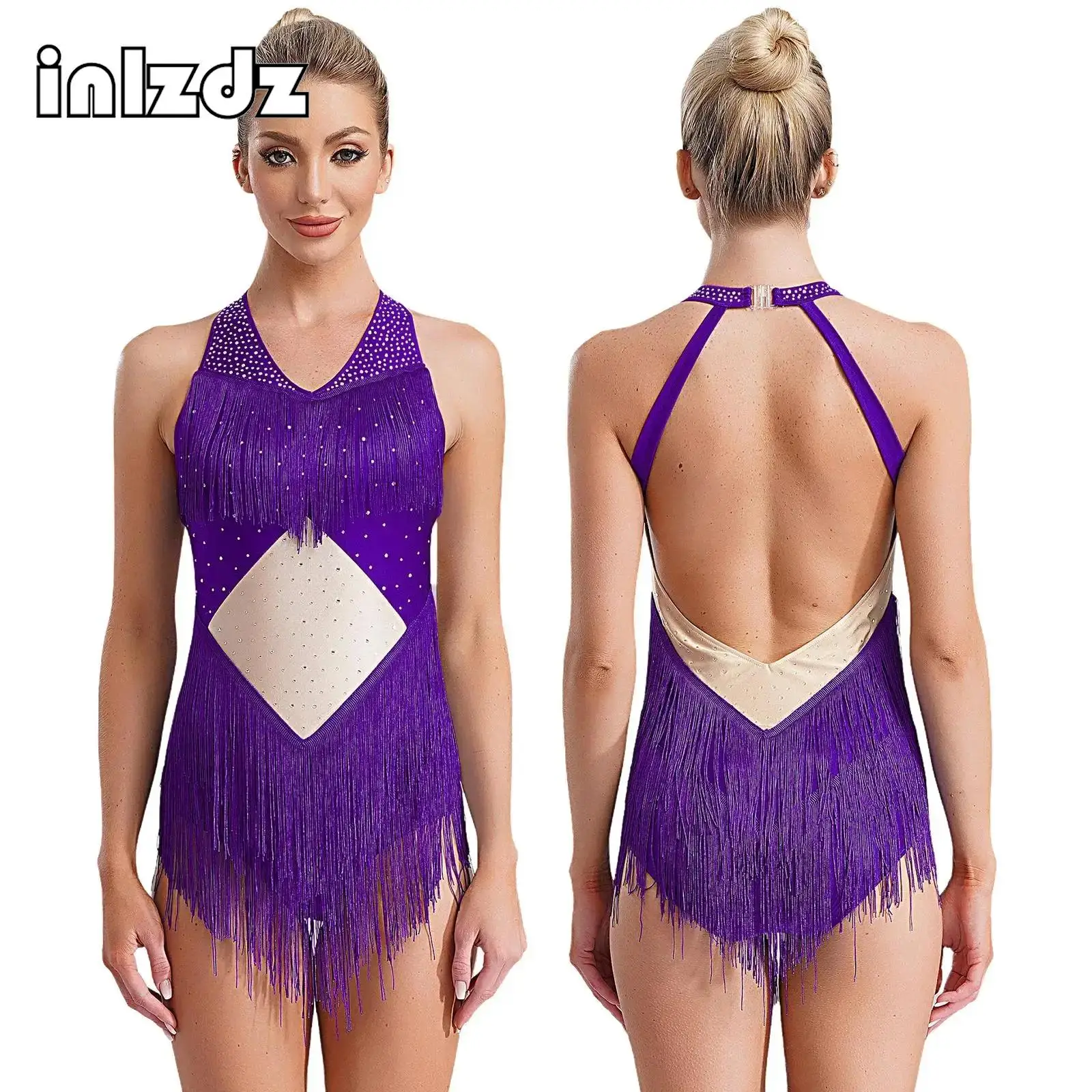 Womens Salsa Latin Dance Leotard Performance Costume Halter V-neck Backless Shiny Rhinestones Fringe Training Stage Costume