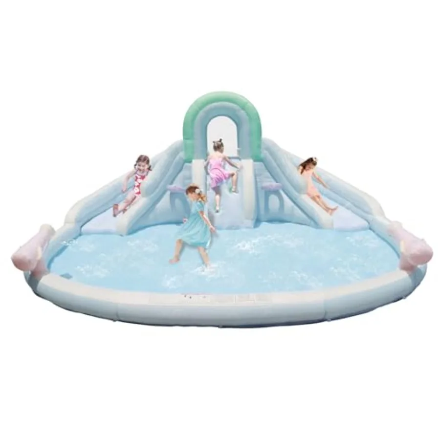 

Outdoor Water Park Play Structure 13.8 ft L x 13.8 ft W x 6.6 ft H with Dual Slides Water Spray Climbing Wall Pastel Color Larg
