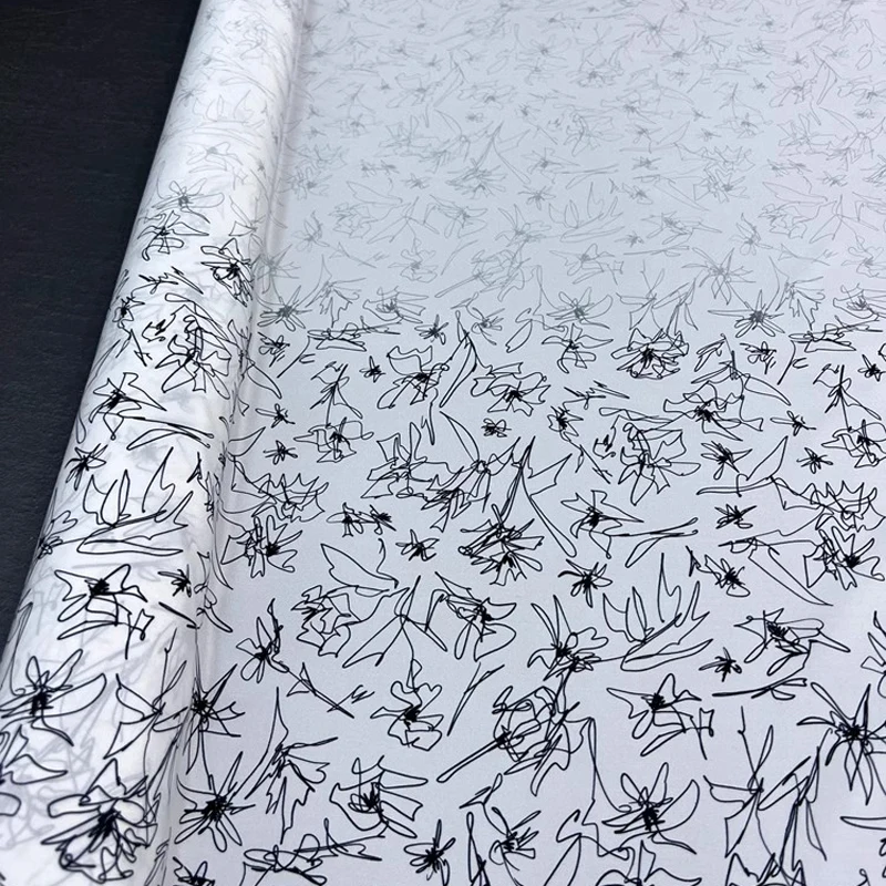 Black Print White Silk Fabric Dress DIY Sewing Material, 93% Silk & 7% Spandex Crepe de Chine Fabric, 140CM Width,18MM D1337