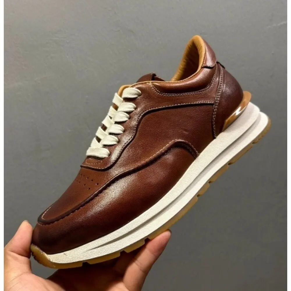 Caramel Brown Burnished Leather Retro Casual Shoes, with off-white laces and layered sole