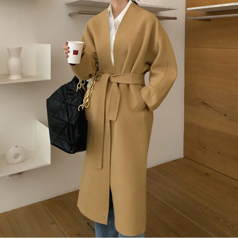 Adjustable Waist Long Sleeve Coats Woman Alpaca Jacket Lady Casual Overcoat Autumn Winter Snow Outerwears