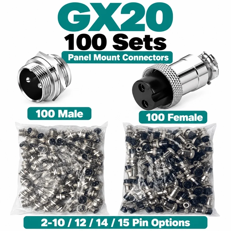 100 Sets GX20 Panel Mount Aviation Connectors 2 to 15 Pin Male Female Metal Plug Socket Thread Lock Solder Wire Bulk Bag Pack