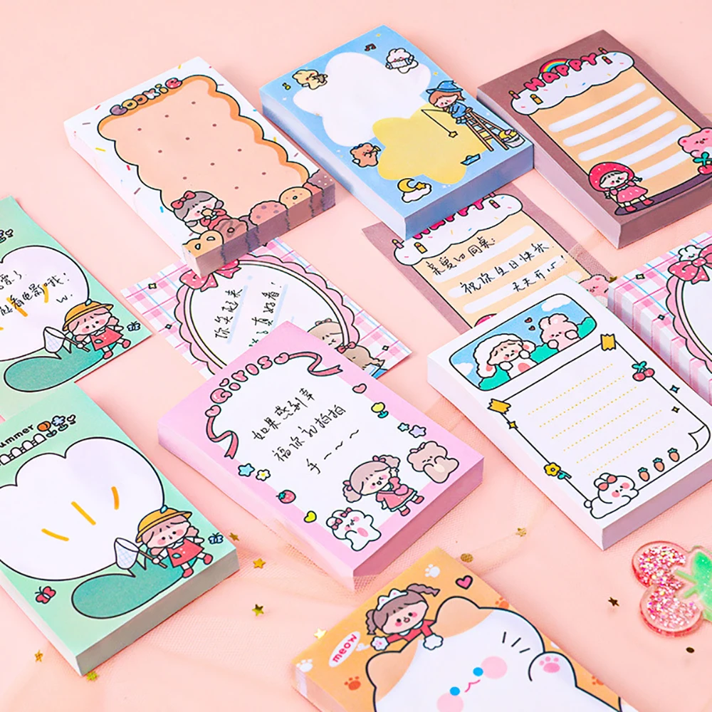 Cute Cartoon Sticky Notes for Girls, Student Notepad, Message Post, Listas de Tarefas, Memo Pads, Papelaria, 80 Sheets