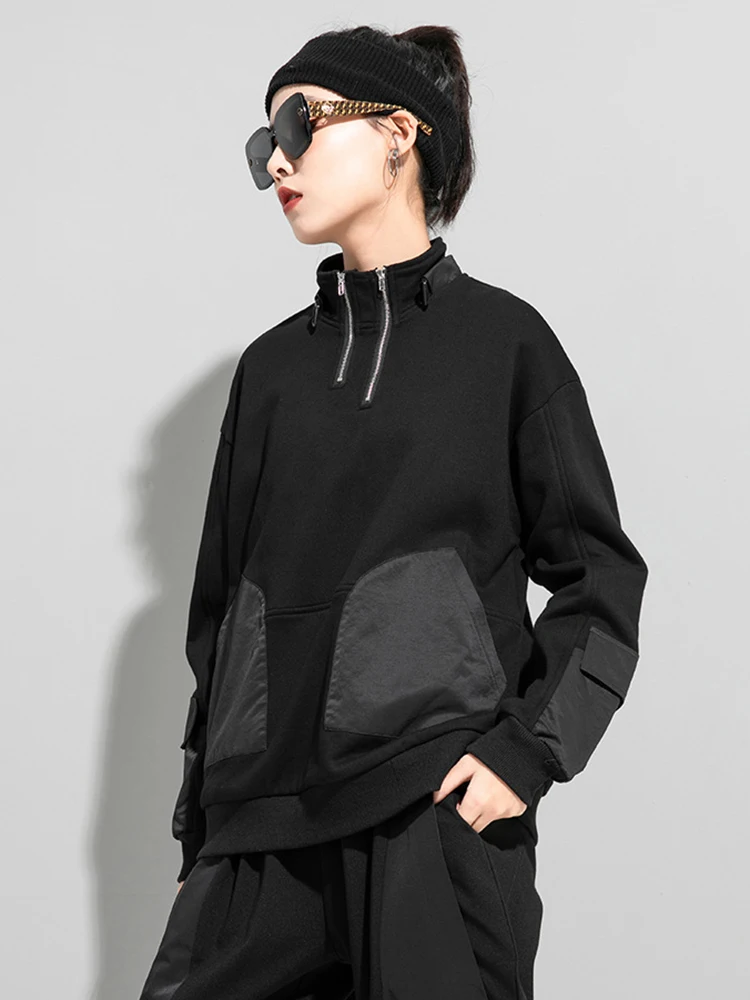 

Черная повседневная толстовка с карманом на молнии, новая, с высоким воротником, длинным рукавом, женская, больших размеров, модная, весна-осень 2026