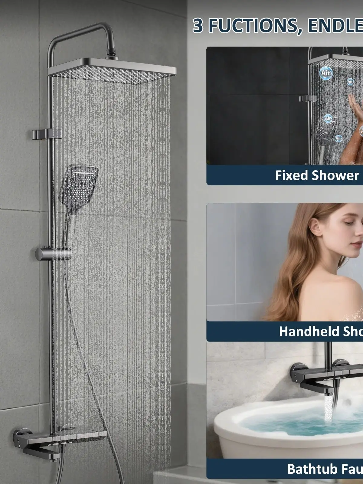 Faltbar und drehbar 180 °   Badezimmer-Wasserhahn-Set mit Duschsäule und Duschkopf – komplettes Waschbecken und Duschsystem