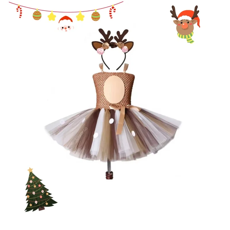 فستان Deer Tutu فساتين عيد الميلاد للفتيات مع عصابة رأس للأطفال في الهالوين زي طفلة الأميرة الأيائل الرنة للعام الجديد