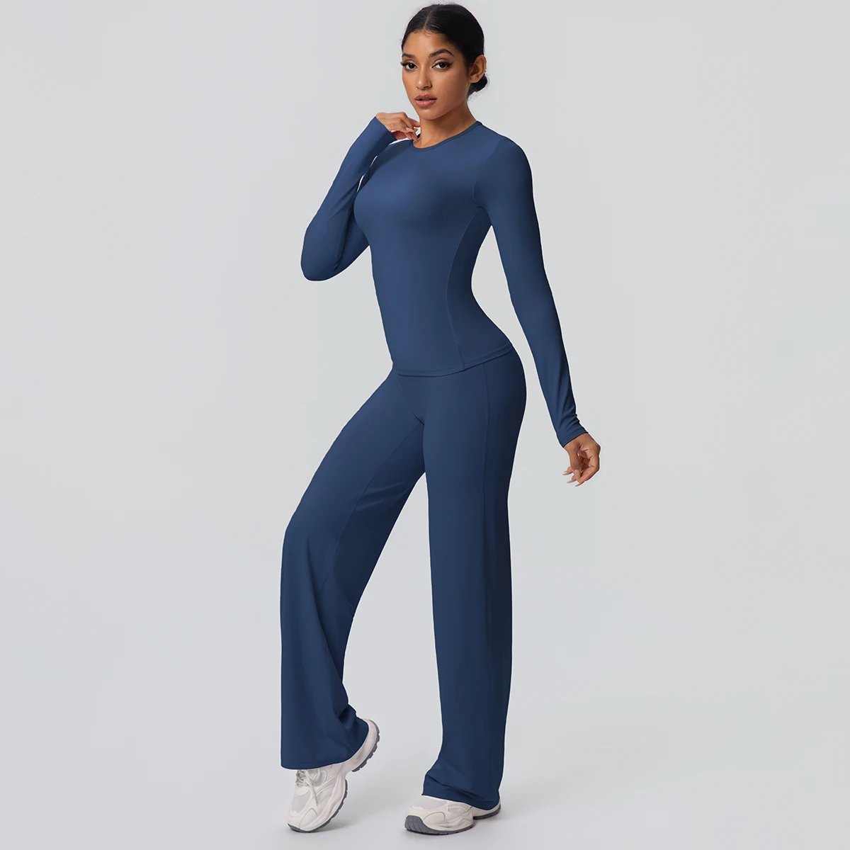 2 stück Frauen Gym Yoga Set Lauf Shirts Schlank Lange Ärmel Workout Top Schnell Trocknend Hohe Stretch Breite Bein Hosen dünne Yoga Set – Detail 20