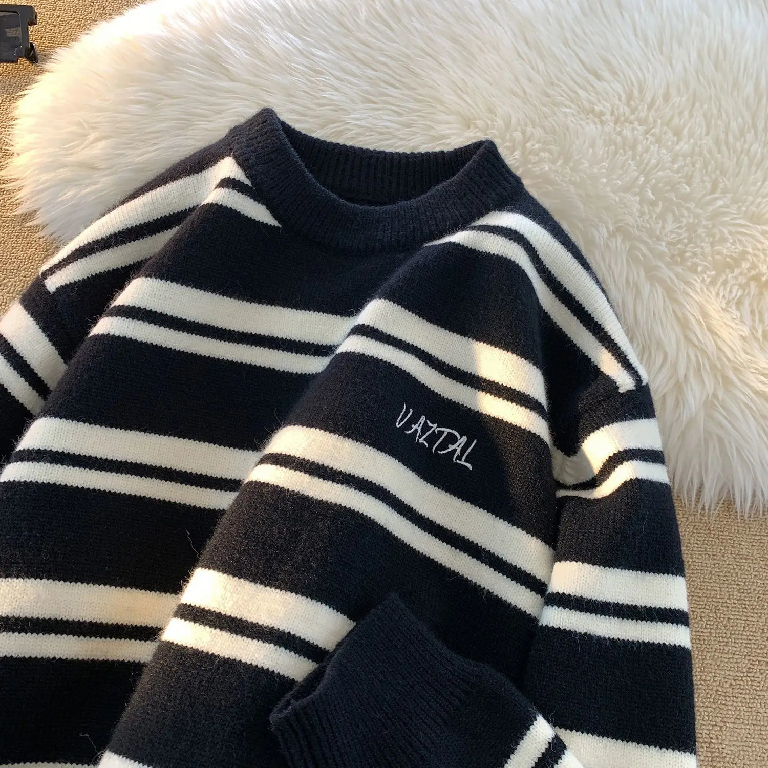 

Свитер для пар, осенне-зимний полосатый цвет, блузка, красный свитер, женский модный вязаный топ, подходящий универсальный, Новое поступление