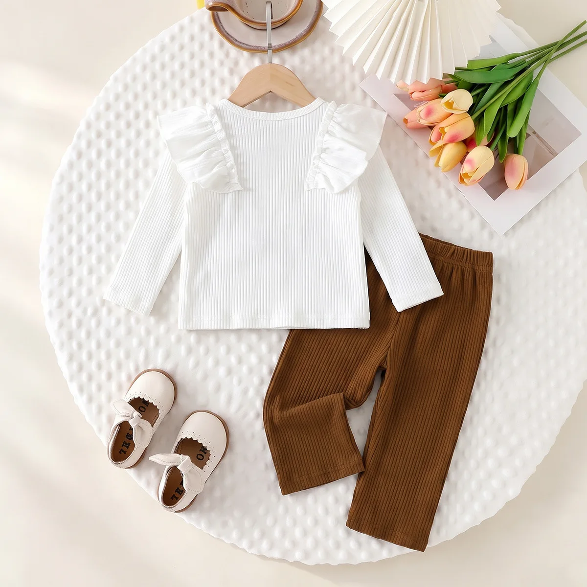 2026 Girls Fall Knit Ribbed Set 3D Floral Long Sleeve Top Bow Knot Split Flare Pants Pastoral Lovely Style