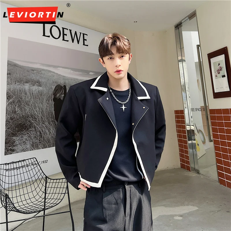 New Men Jackets Lapel Long Sleeve Single Button Contrast Color Coats Streetwear Korean Loose Patchwork Crop Outerwear